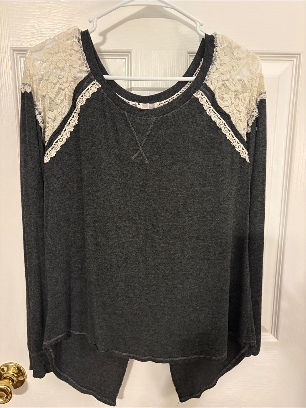 Jolt Charcoal Long-Sleeve Lace Shoulder Top - Women